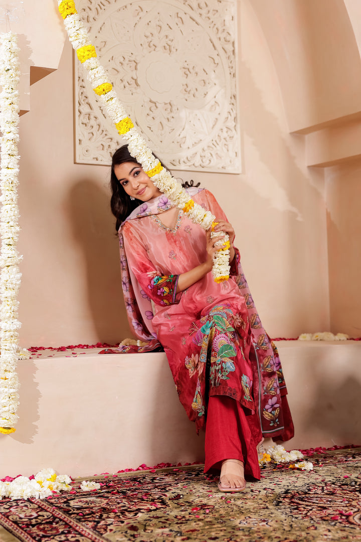 Maroon Crepe Silk Straight Cut Kurta Set