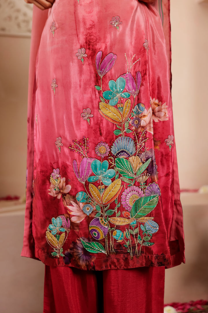 Maroon Crepe Silk Straight Cut Kurta Set