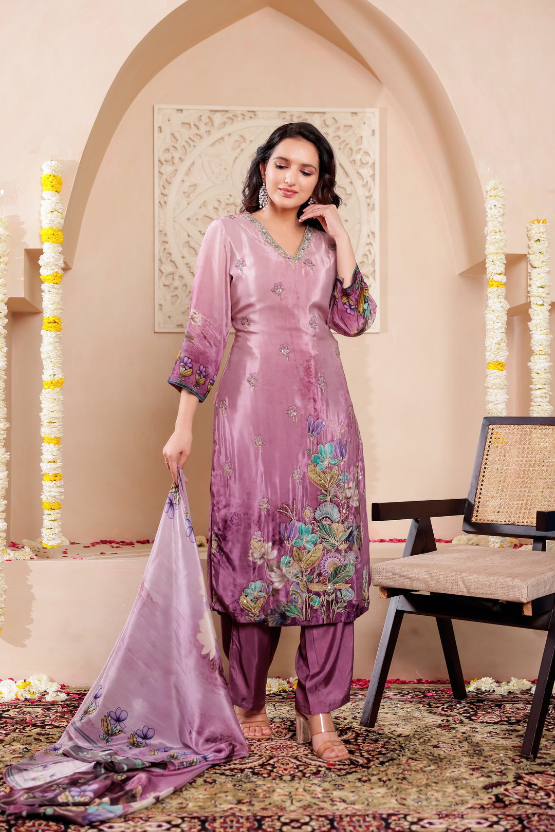 Purple Crepe Silk Straight Cut Kurta Set