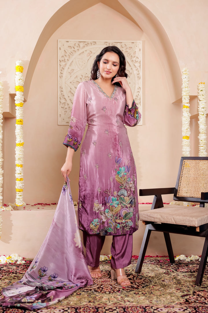 Purple Crepe Silk Straight Cut Kurta Set