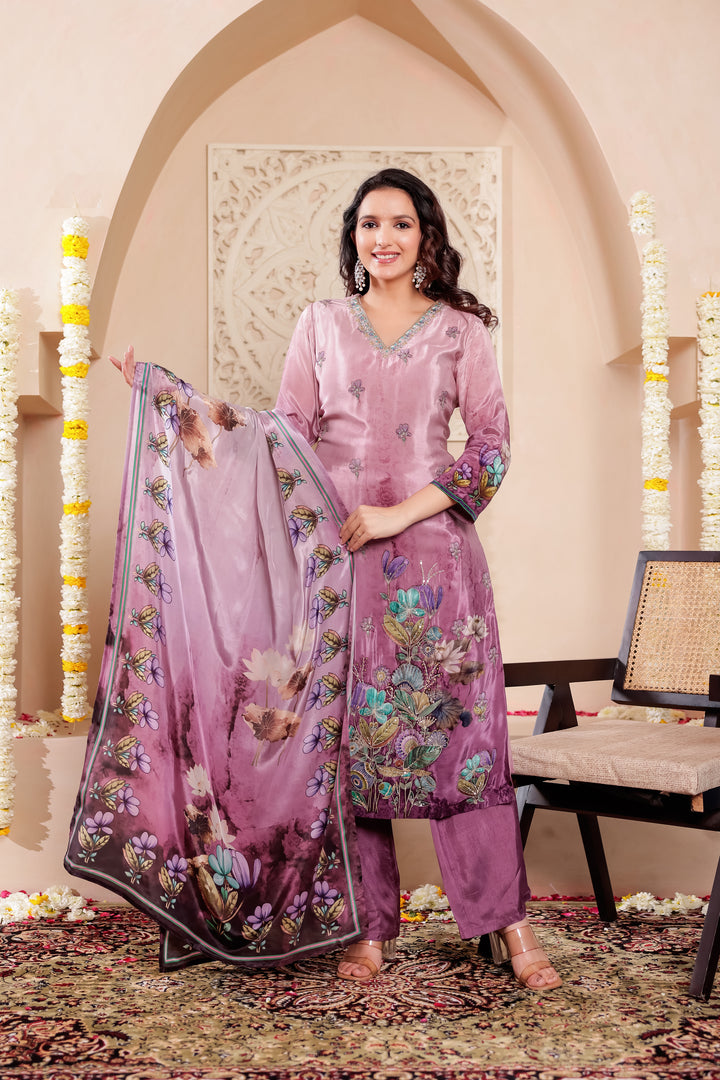 Purple Crepe Silk Straight Cut Kurta Set
