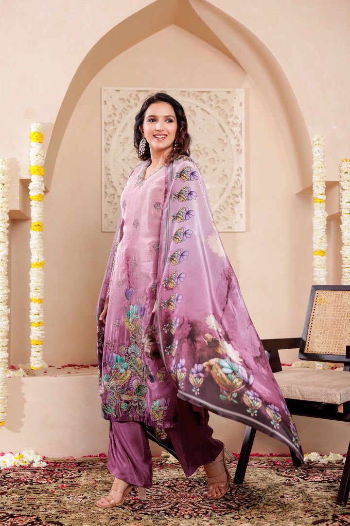 Purple Crepe Silk Straight Cut Kurta Set