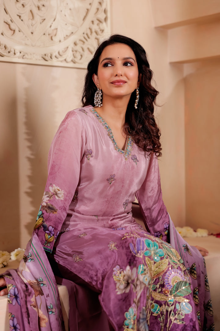 Purple Crepe Silk Straight Cut Kurta Set
