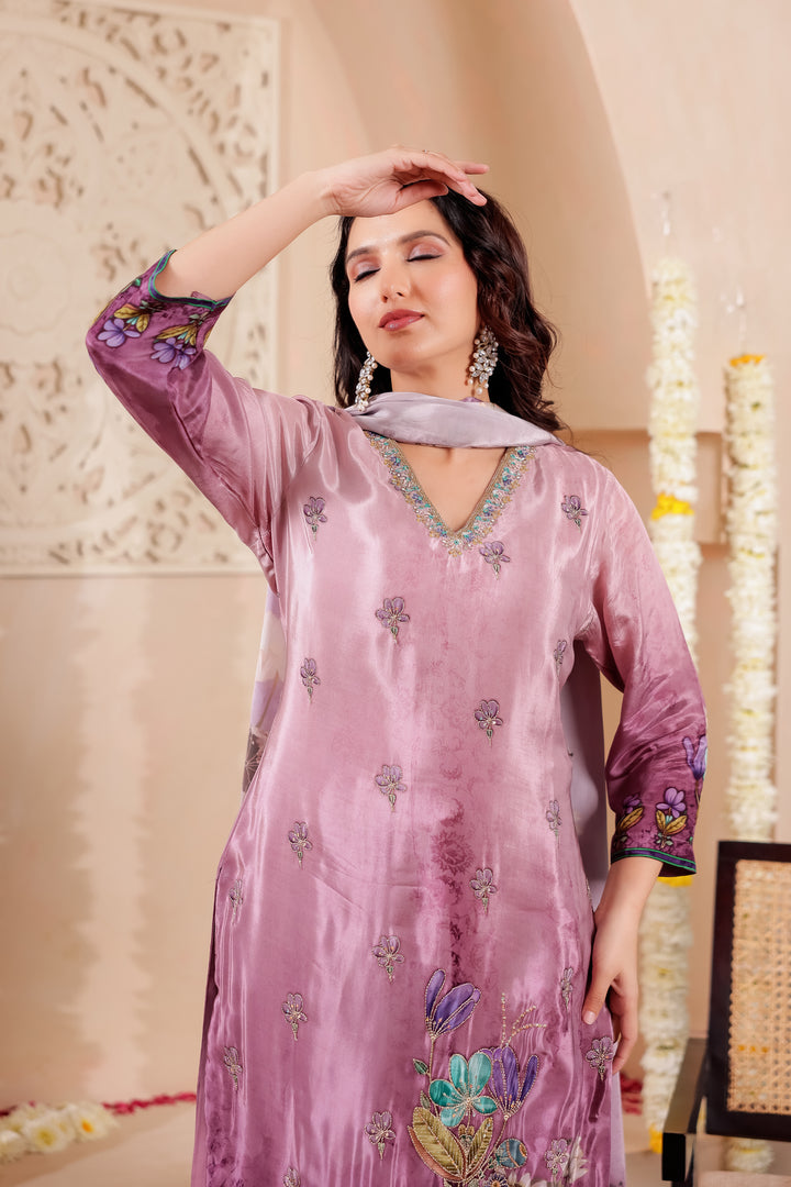 Purple Crepe Silk Straight Cut Kurta Set