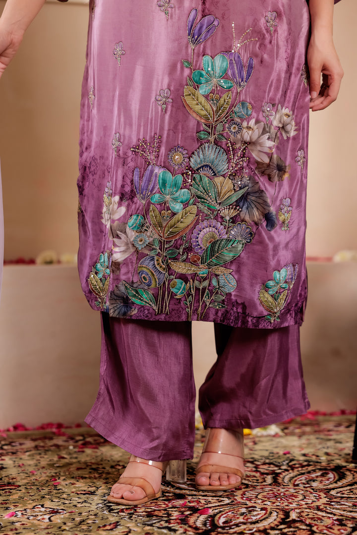Purple Crepe Silk Straight Cut Kurta Set