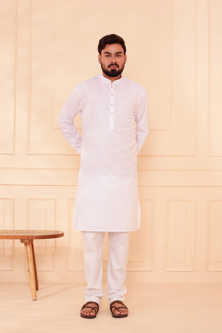 White Soft Cotton-Polyester Kurta Suit.