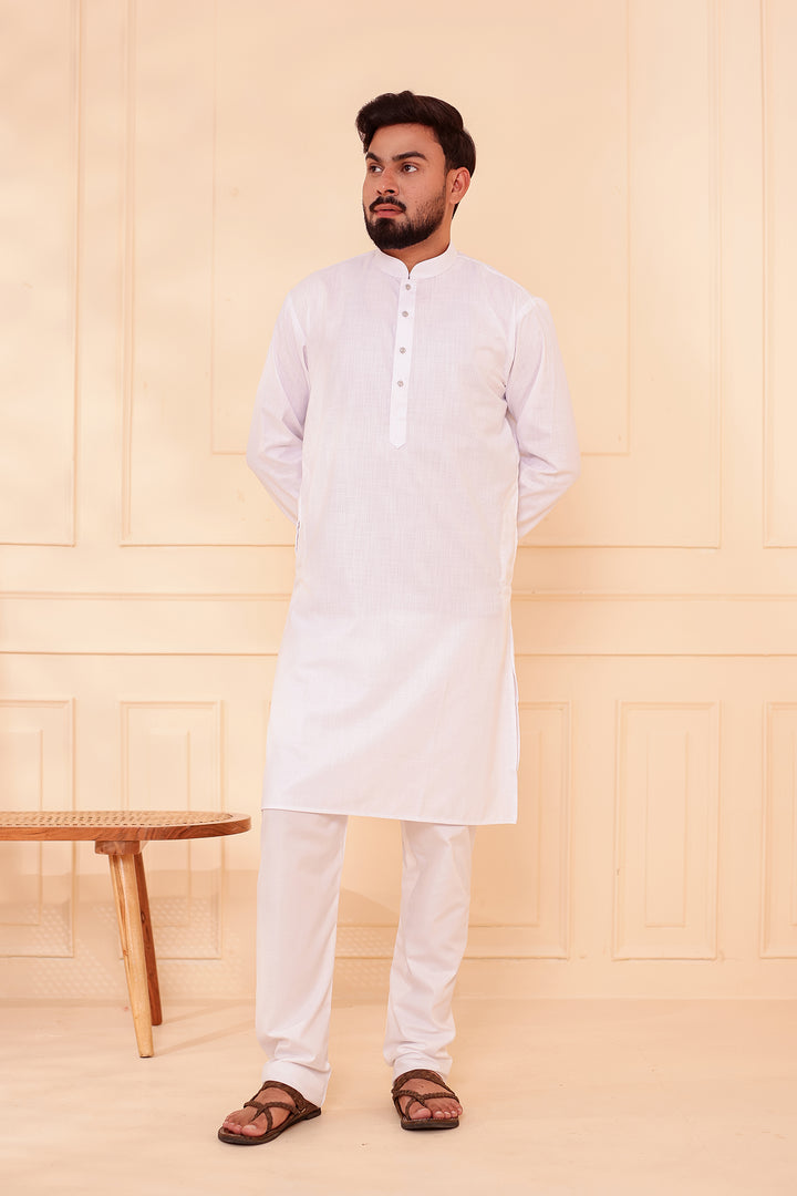 White Soft Cotton-Polyester Kurta Suit.