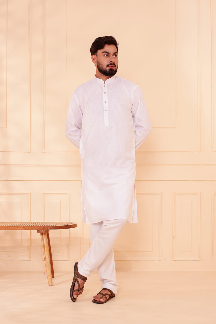 White Soft Cotton-Polyester Kurta Suit.