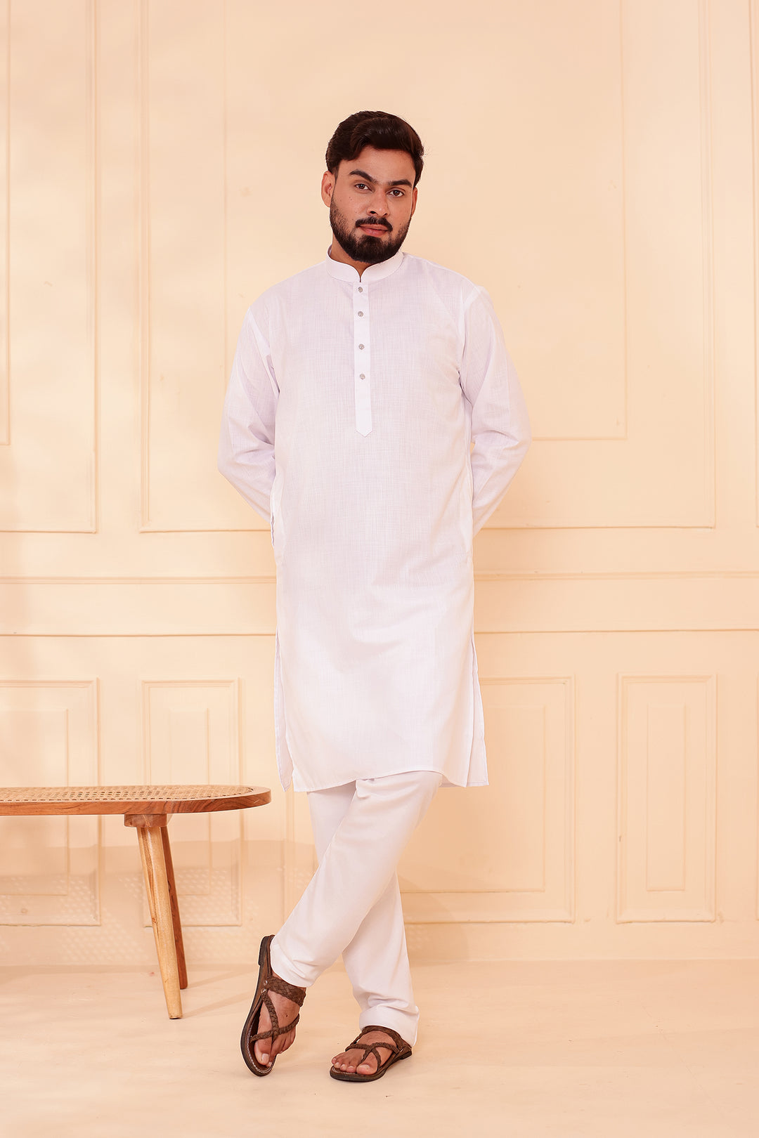 White Soft Cotton-Polyester Kurta Suit.