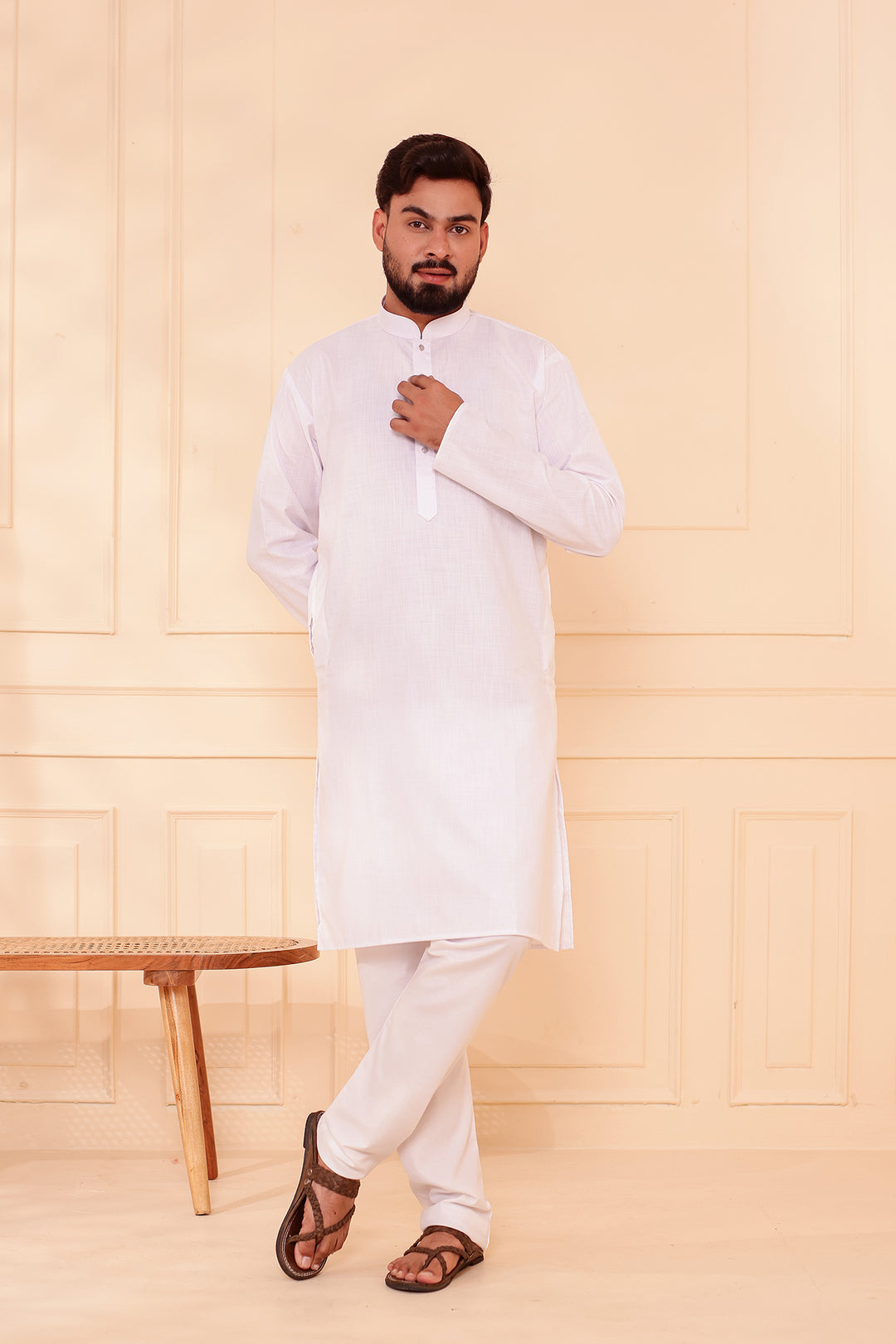 White Soft Cotton-Polyester Kurta Suit.