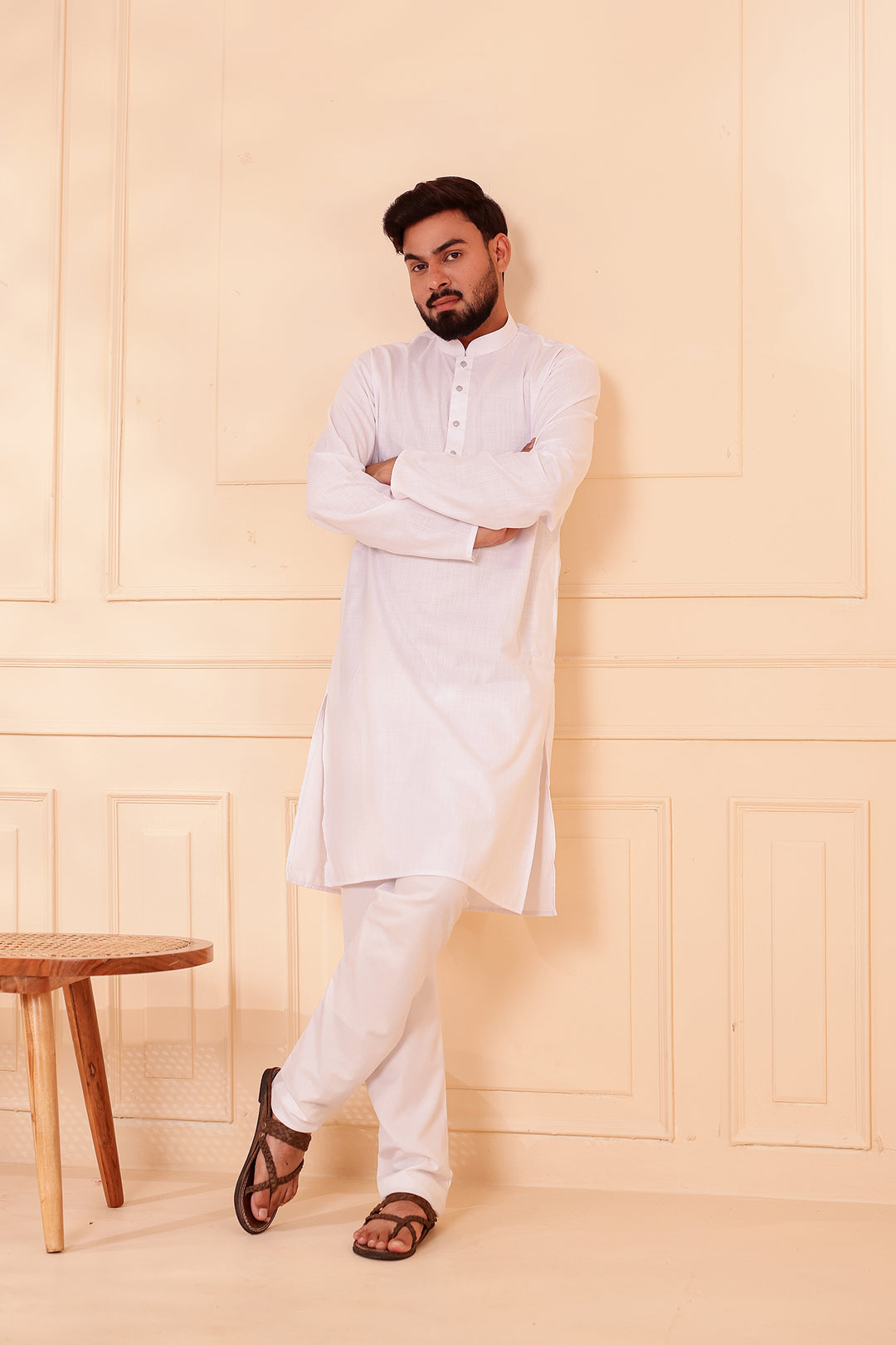 White Soft Cotton-Polyester Kurta Suit.