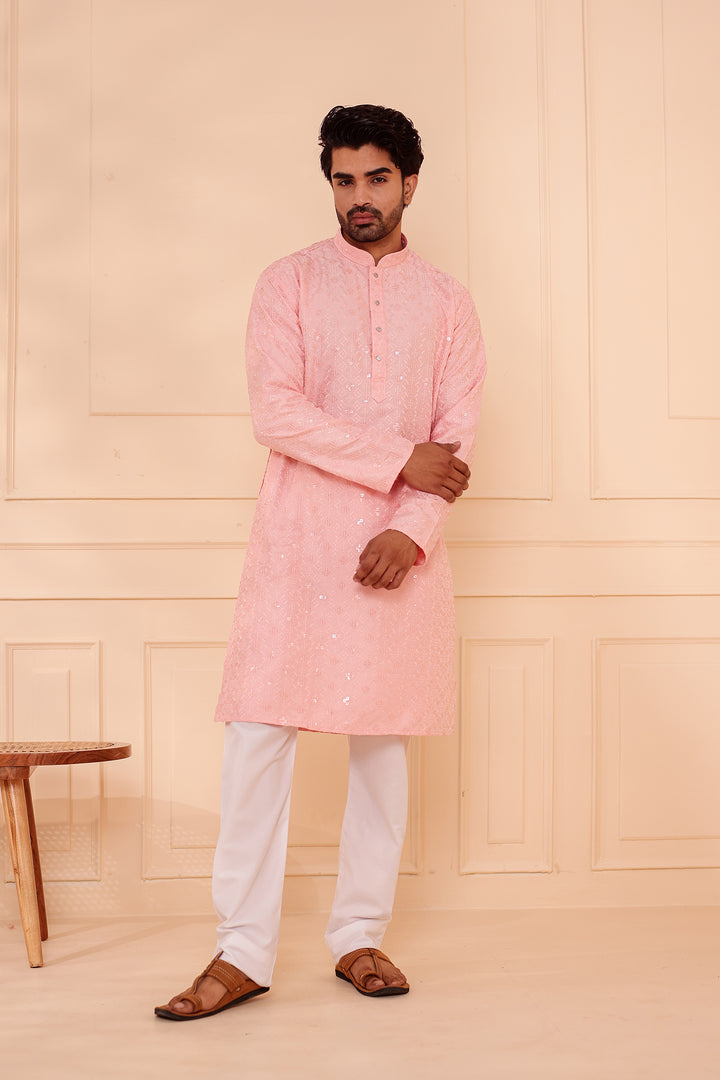 Peach Lucknowi Chikankari Kurta Suit with Sequin Work.