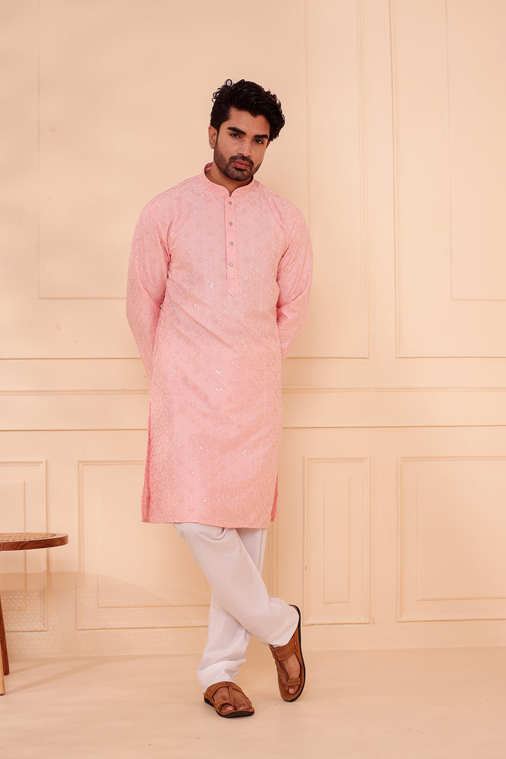 Peach Lucknowi Chikankari Kurta Suit with Sequin Work.