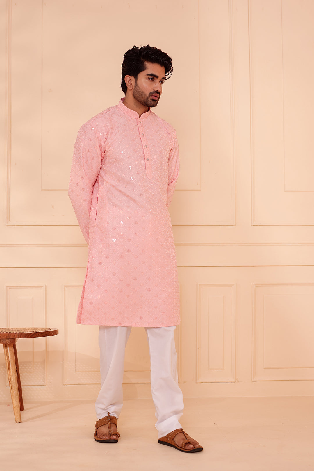 Peach Lucknowi Chikankari Kurta Suit with Sequin Work.