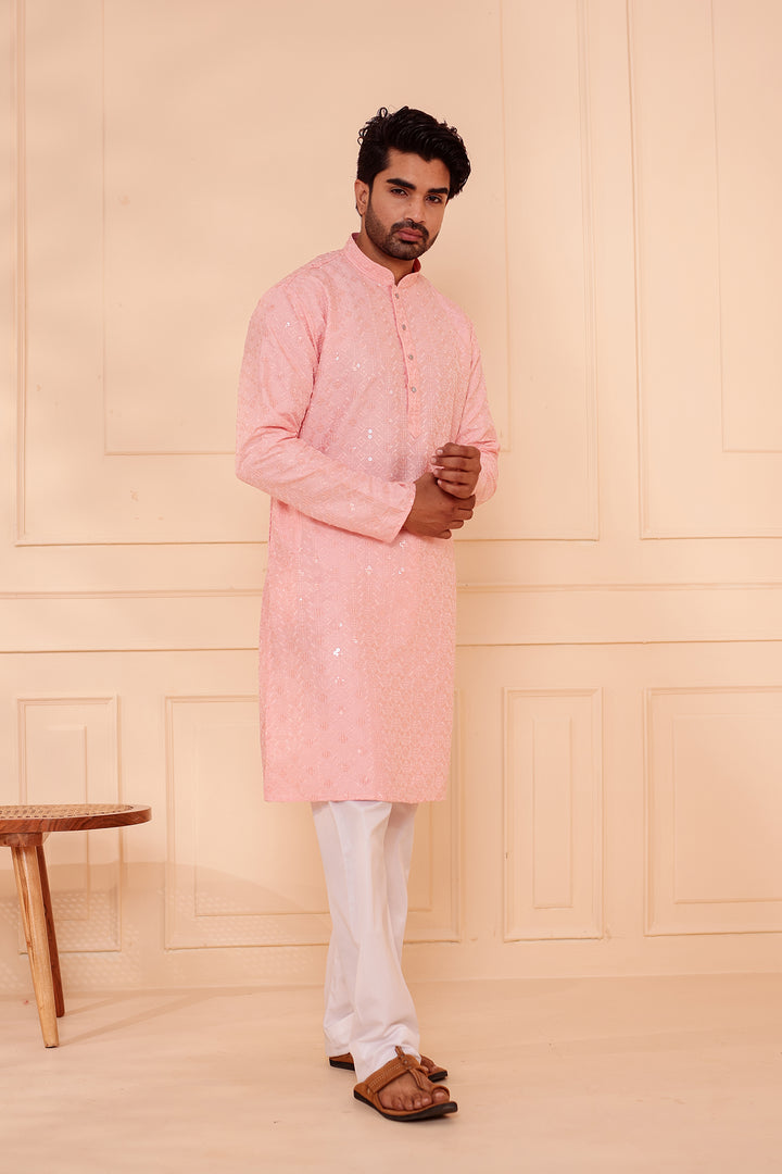 Peach Lucknowi Chikankari Kurta Suit with Sequin Work.