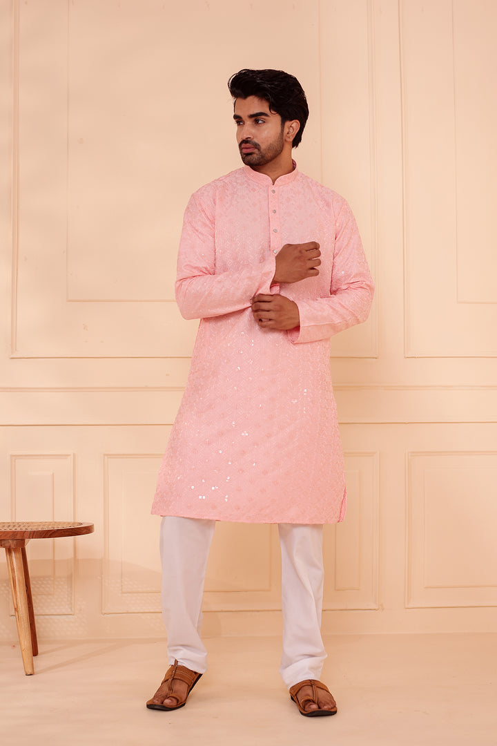 Peach Lucknowi Chikankari Kurta Suit with Sequin Work.