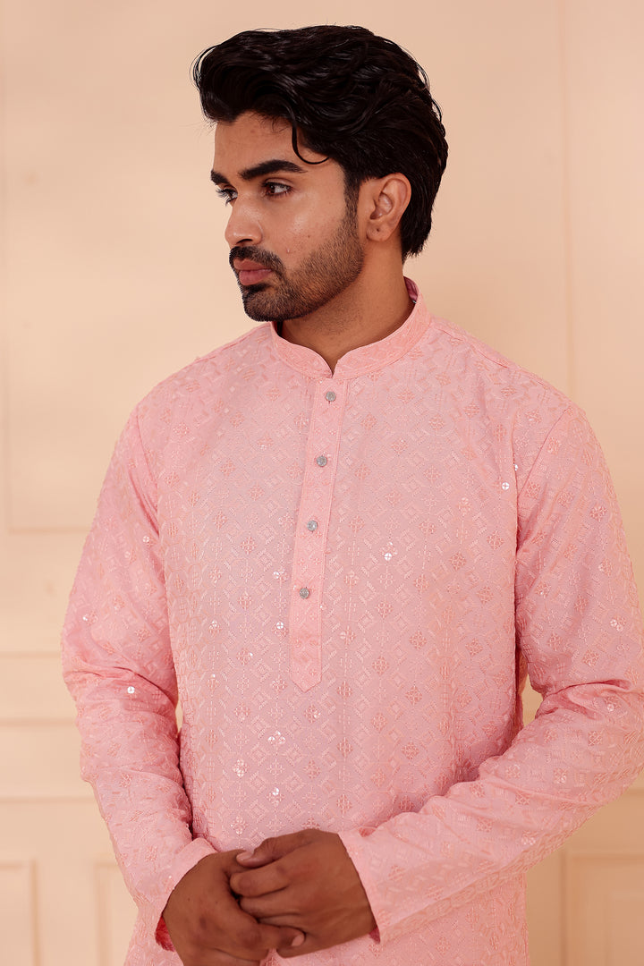 Peach Lucknowi Chikankari Kurta Suit with Sequin Work.