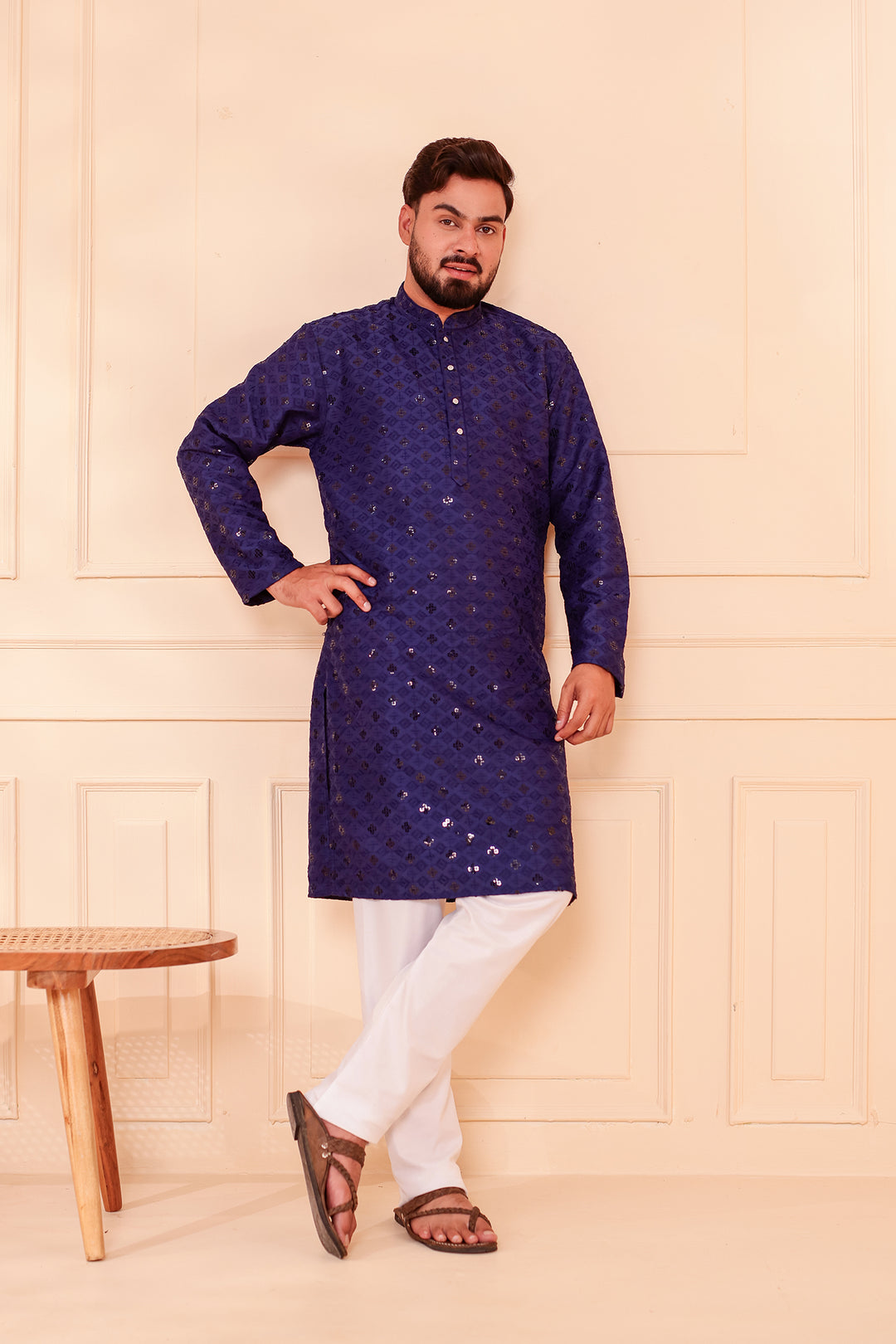 Navy Blue Lucknowi Chikankari Kurta Suit with Sequin Work.