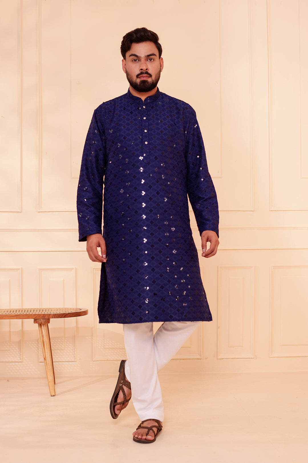 Navy Blue Lucknowi Chikankari Kurta Suit with Sequin Work.