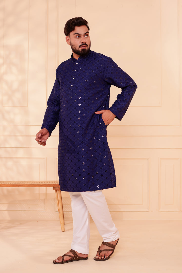 Navy Blue Lucknowi Chikankari Kurta Suit with Sequin Work.