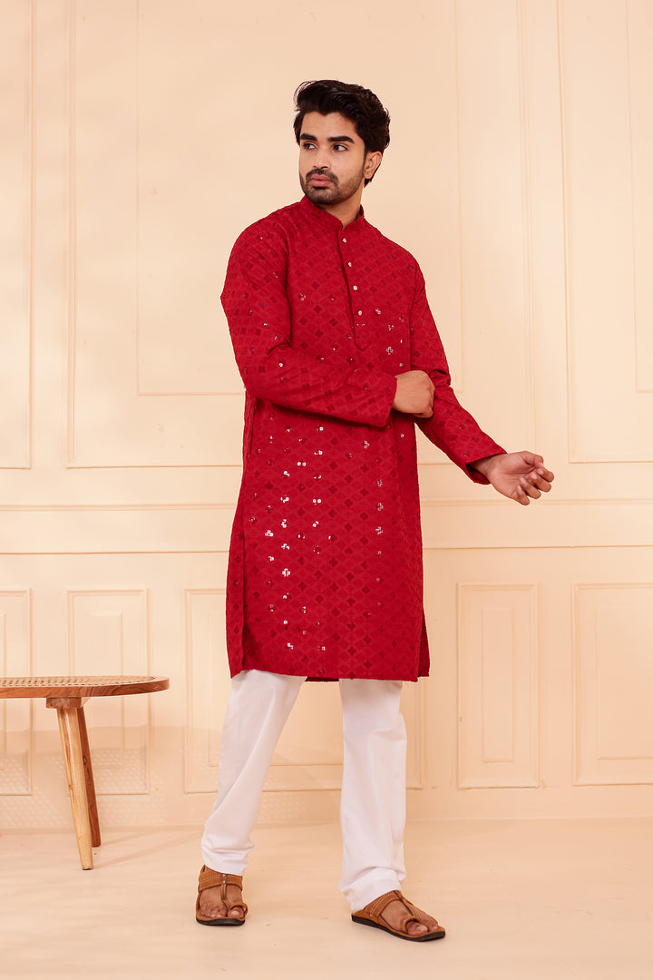 Maroon Lucknowi Chikankari Kurta Suit with Sequin Work.