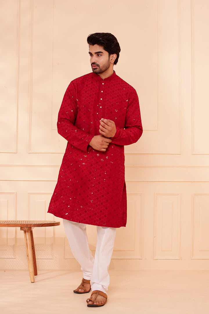 Maroon Lucknowi Chikankari Kurta Suit with Sequin Work.
