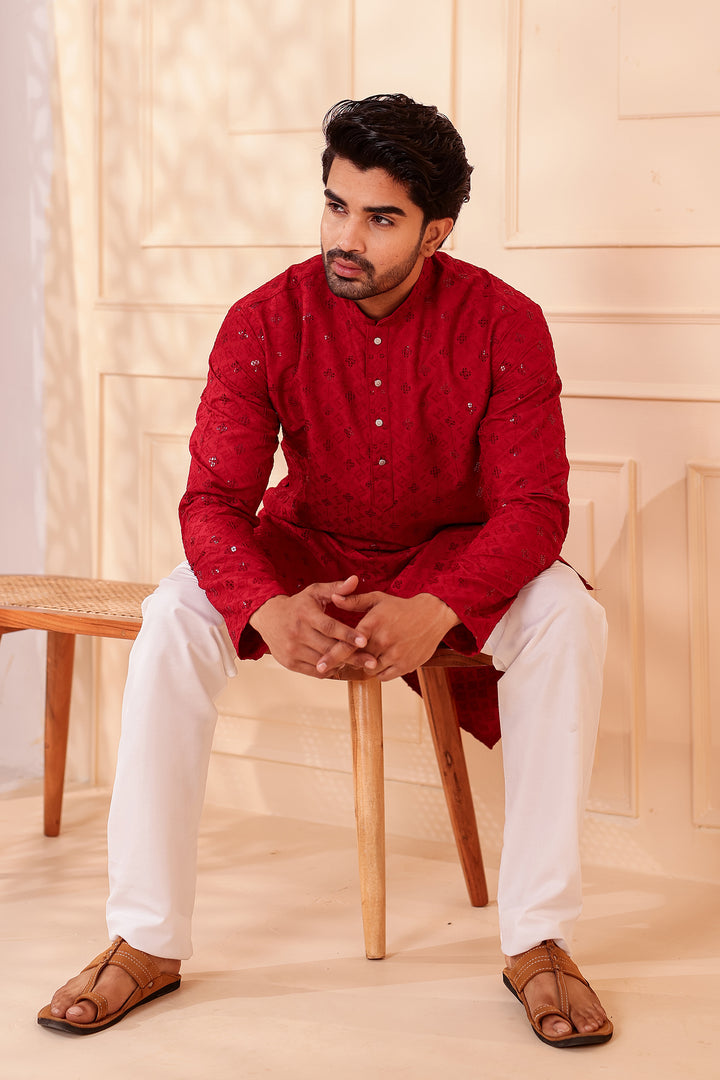 Maroon Lucknowi Chikankari Kurta Suit with Sequin Work.