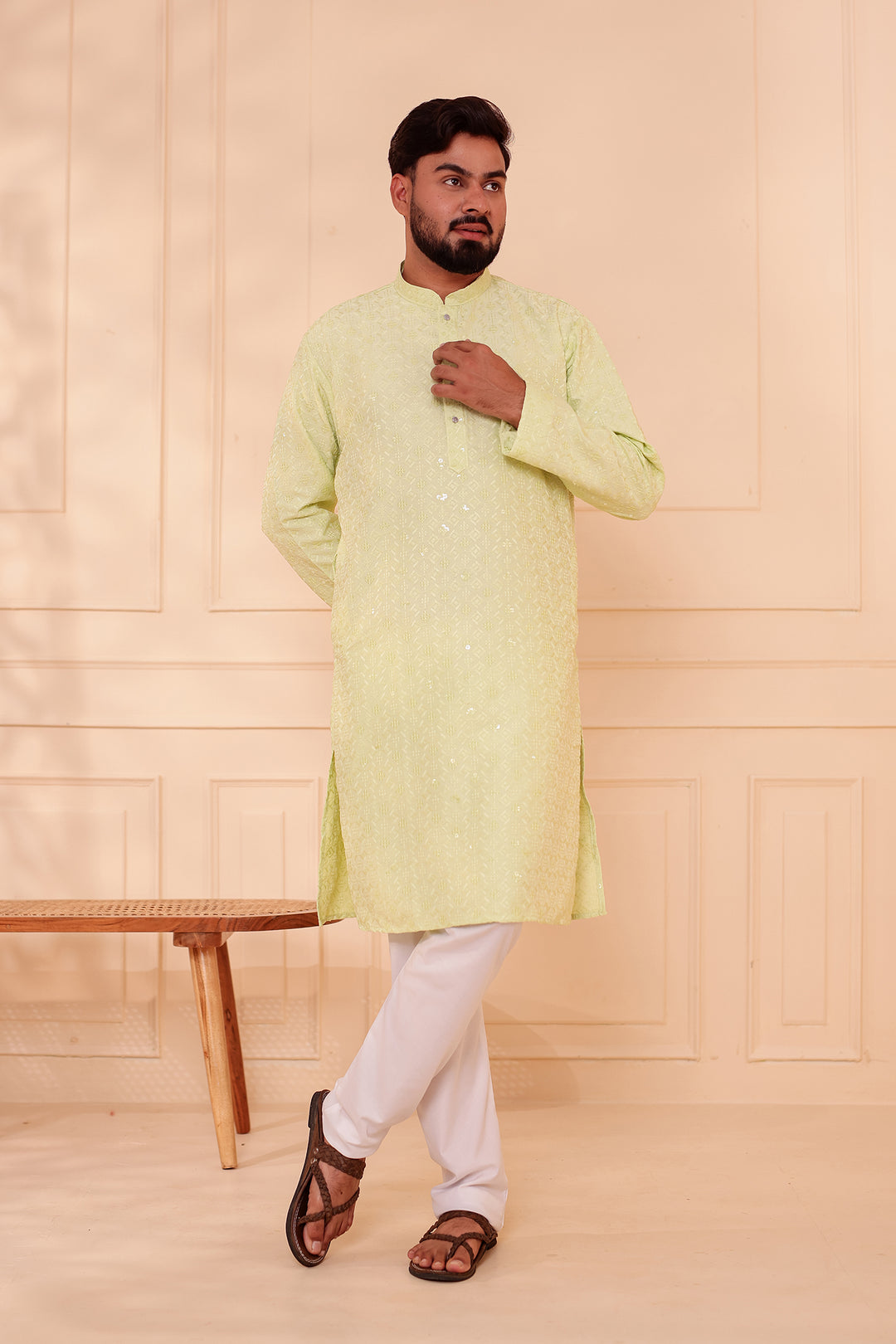 Mint Green Lucknowi Chikankari Kurta Suit with Sequin Work.