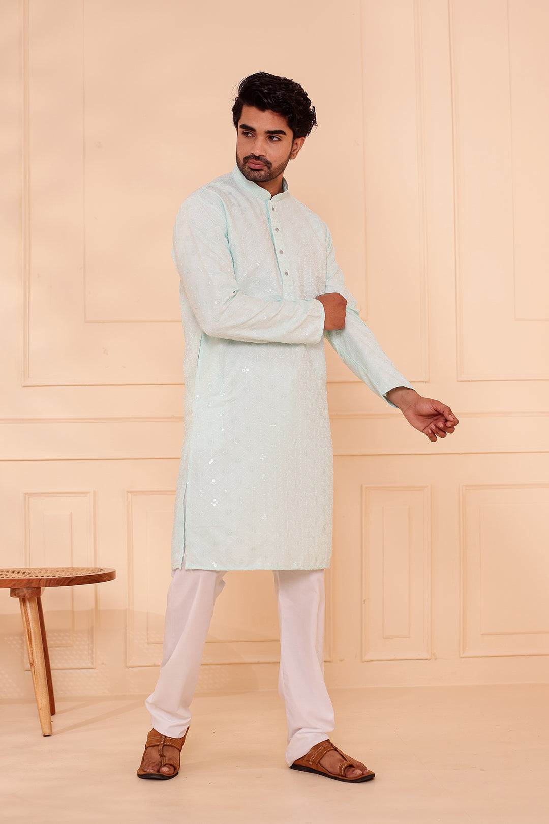 Light Blue Lucknowi Chikankari Kurta Suit with Sequin Work.