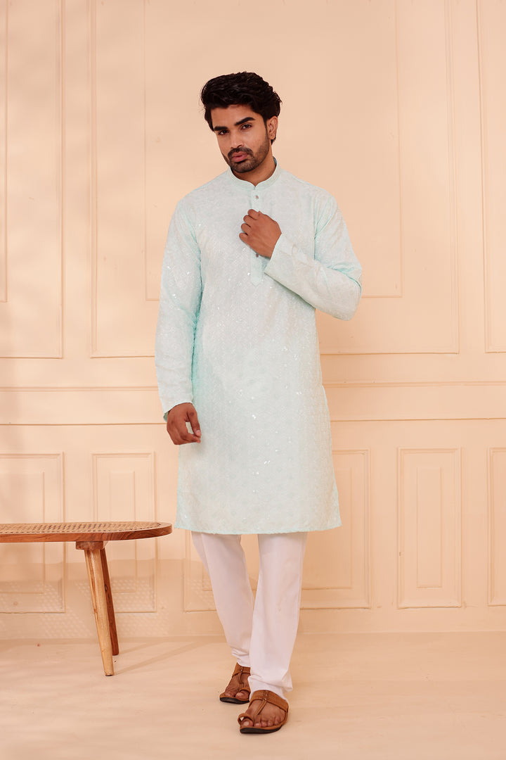 Light Blue Lucknowi Chikankari Kurta Suit with Sequin Work.