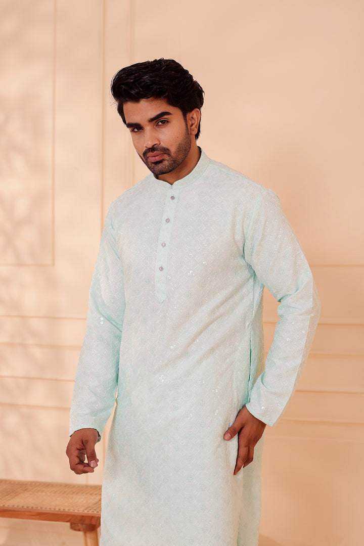 Light Blue Lucknowi Chikankari Kurta Suit with Sequin Work.