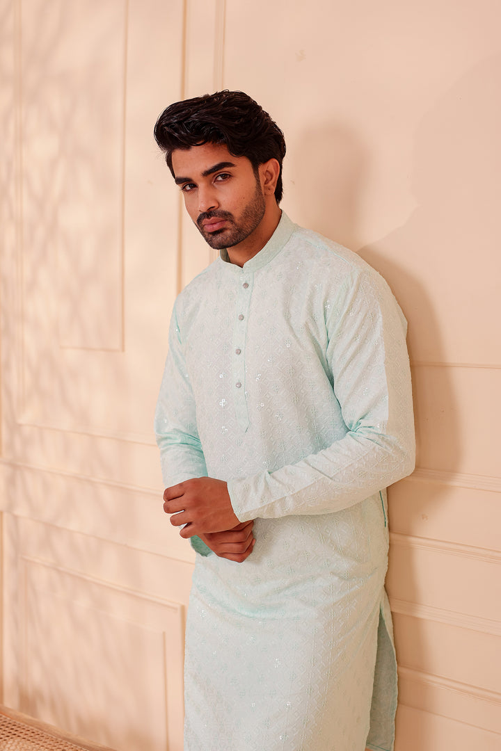 Light Blue Lucknowi Chikankari Kurta Suit with Sequin Work.