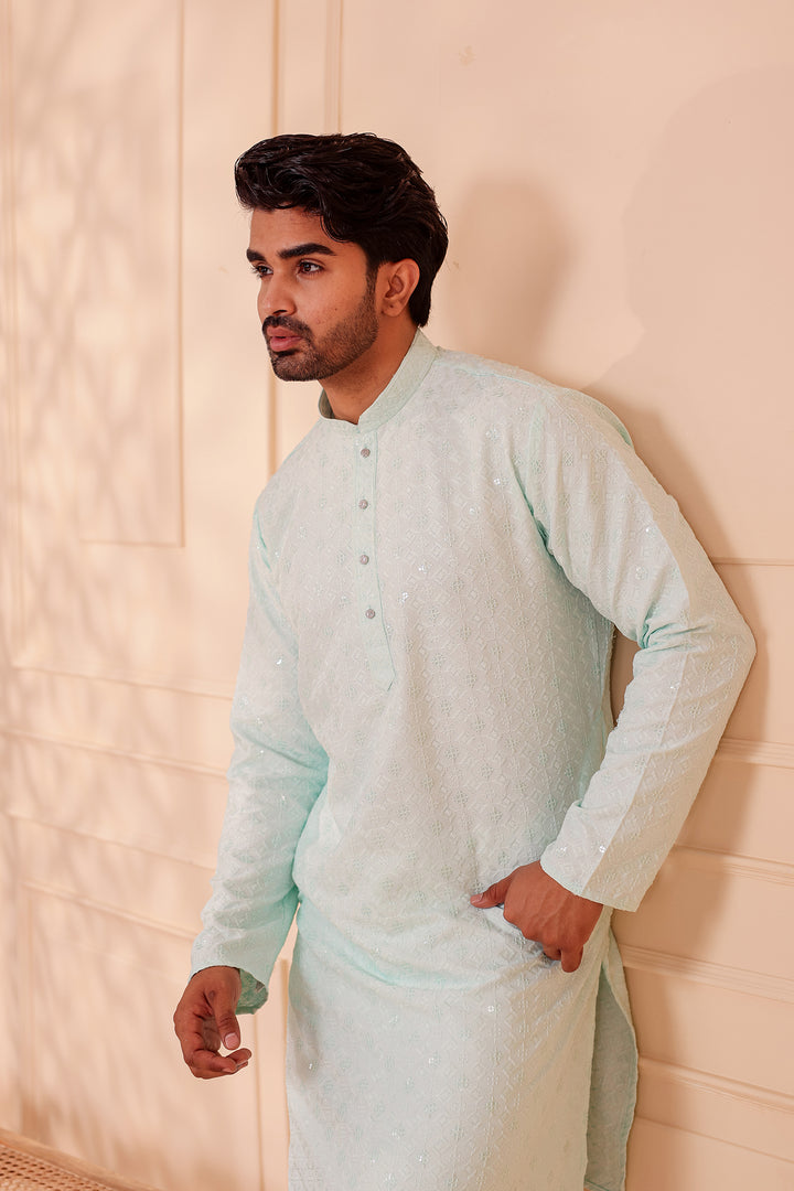 Light Blue Lucknowi Chikankari Kurta Suit with Sequin Work.