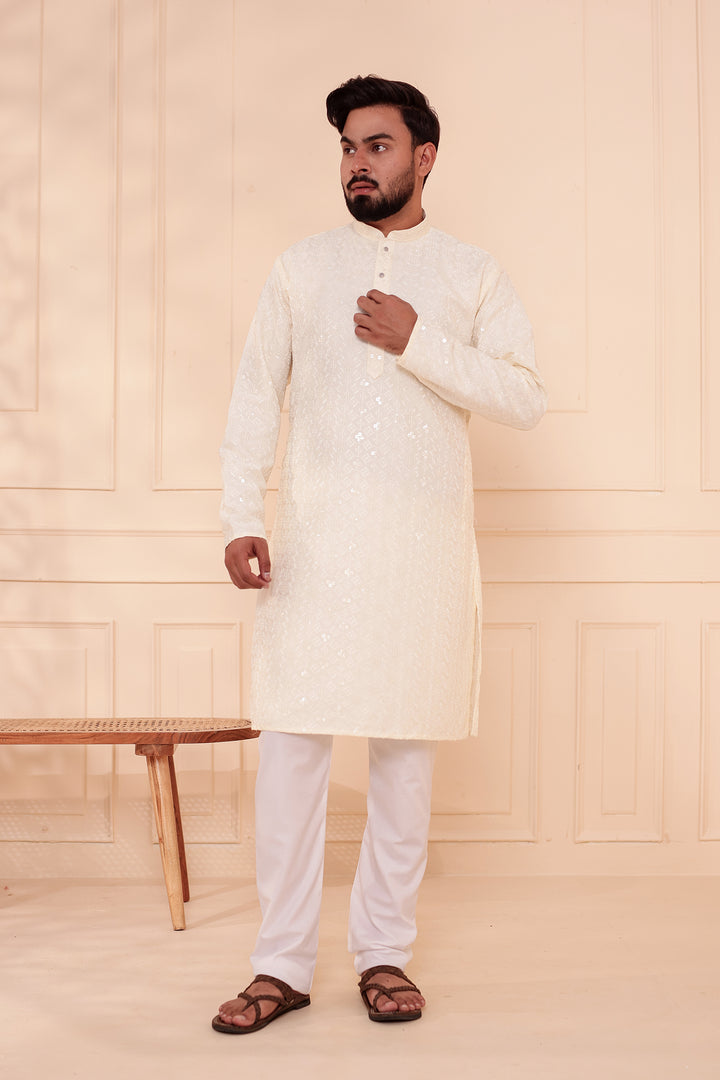 White Lucknowi Chikankari Kurta Suit with Sequin Work.