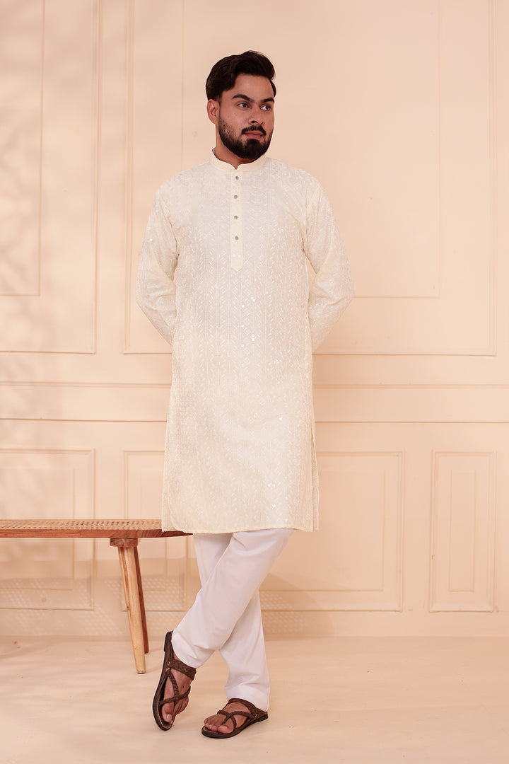 White Lucknowi Chikankari Kurta Suit with Sequin Work.