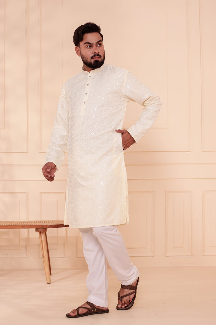 White Lucknowi Chikankari Kurta Suit with Sequin Work.