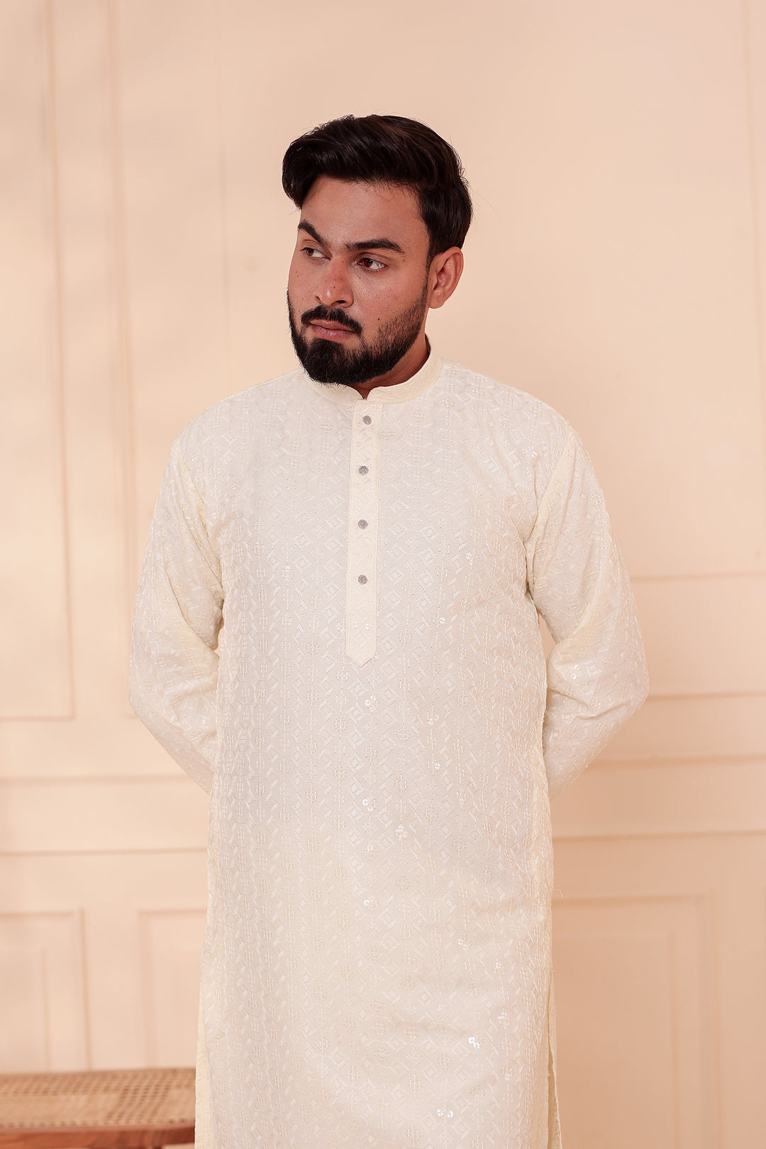 White Lucknowi Chikankari Kurta Suit with Sequin Work.