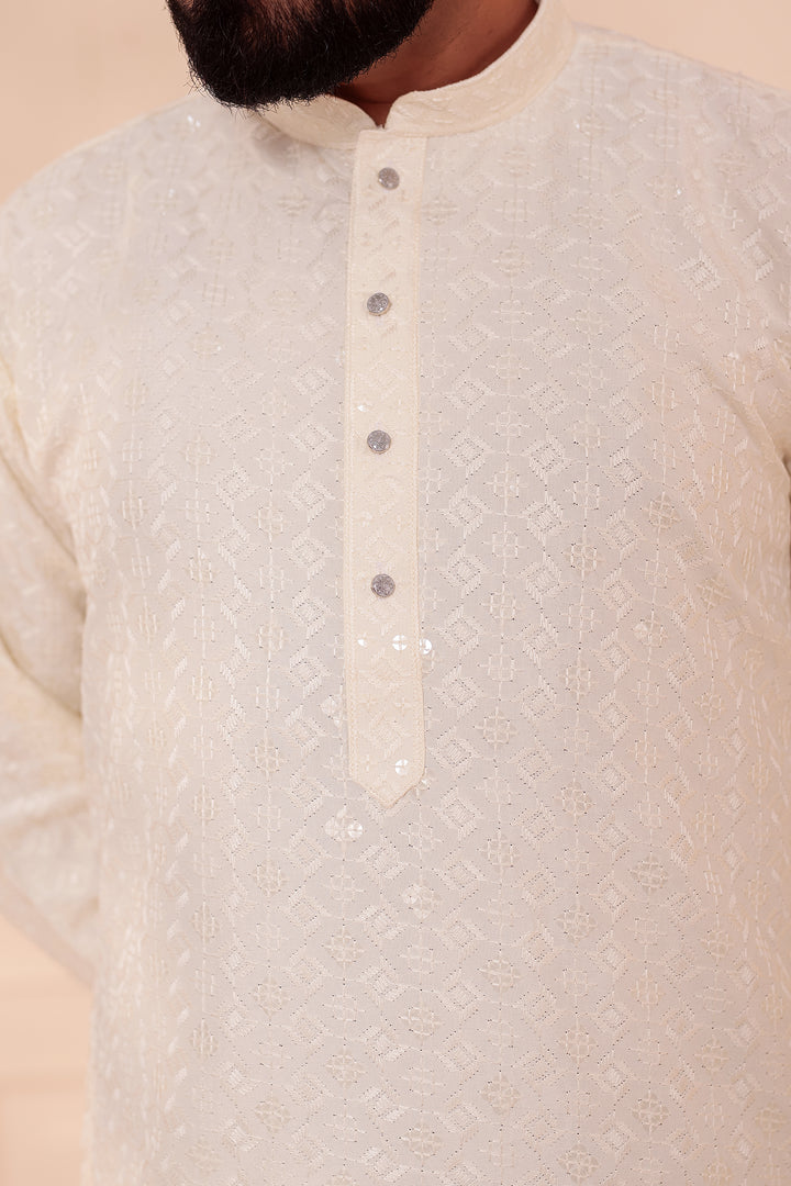 White Lucknowi Chikankari Kurta Suit with Sequin Work.