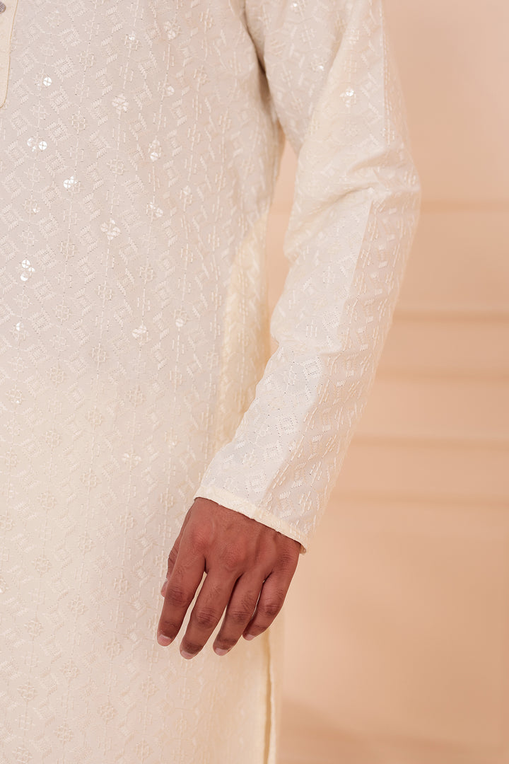 White Lucknowi Chikankari Kurta Suit with Sequin Work.