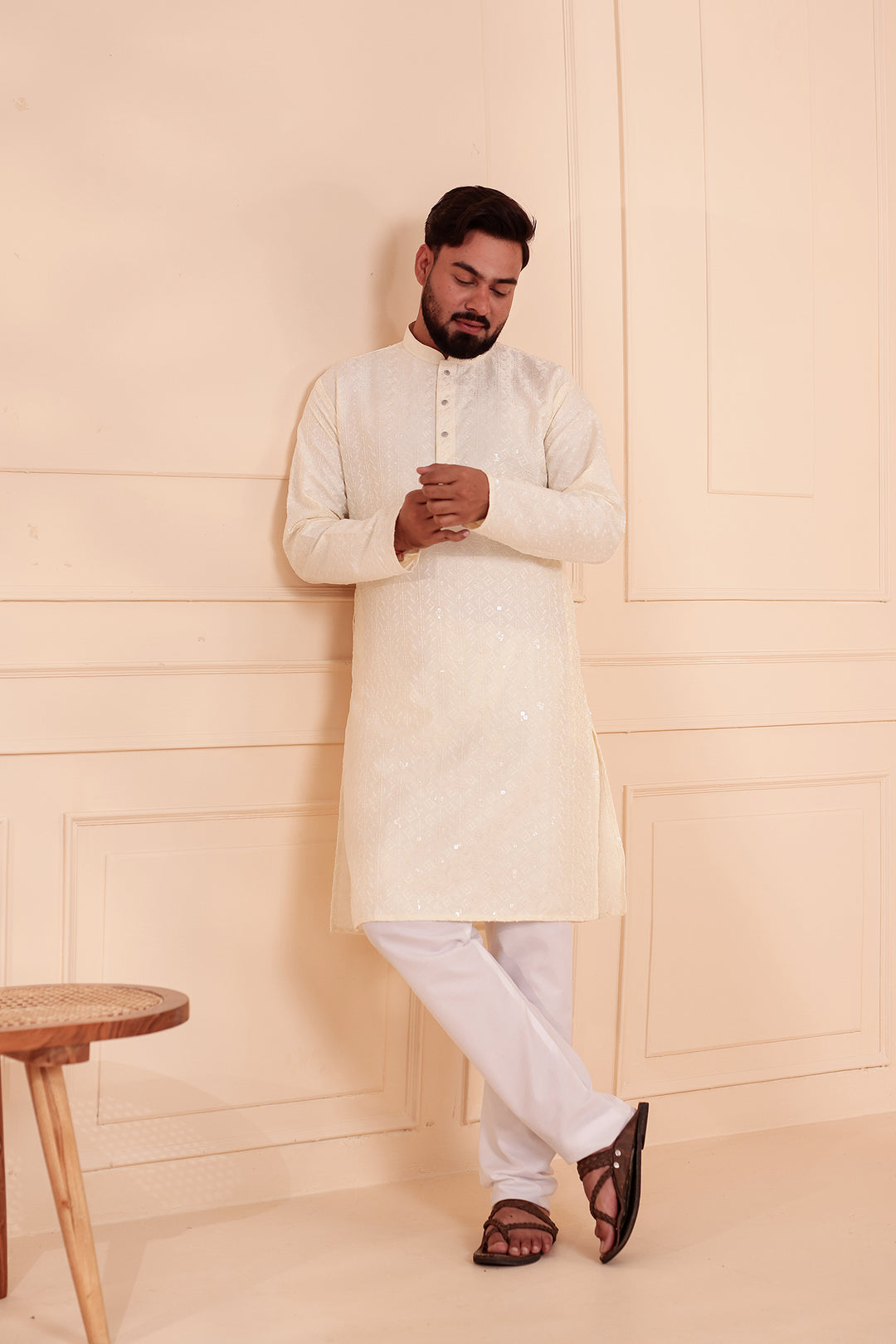 White Lucknowi Chikankari Kurta Suit with Sequin Work.