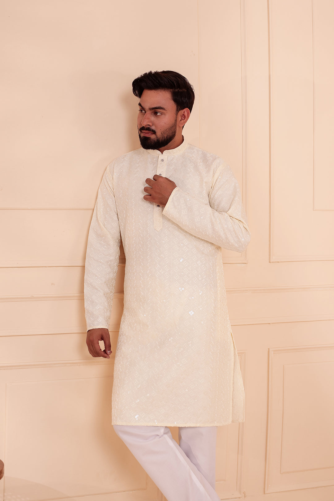 White Lucknowi Chikankari Kurta Suit with Sequin Work.