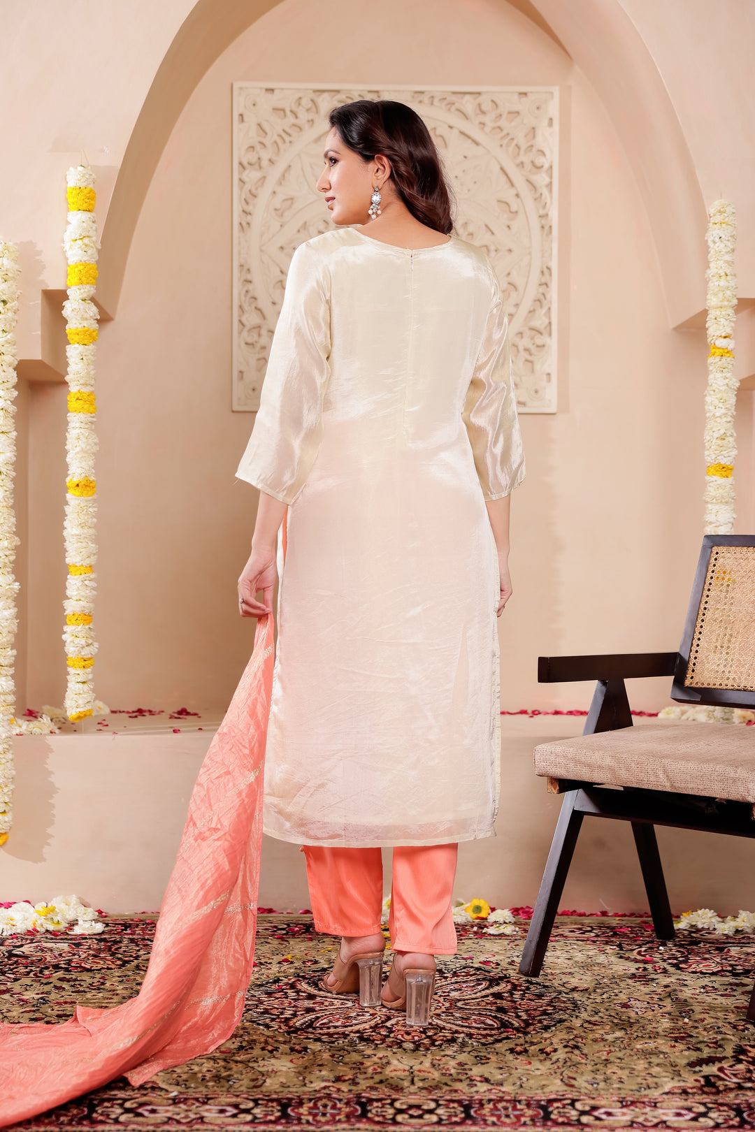 Ivory Art Silk Straight Cut Kurta Set