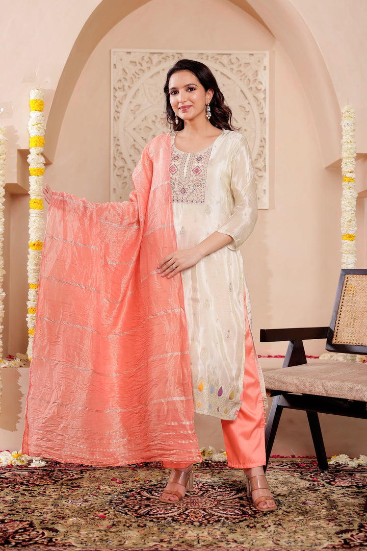 Ivory Art Silk Straight Cut Kurta Set