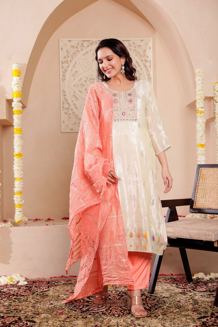 Ivory Art Silk Straight Cut Kurta Set