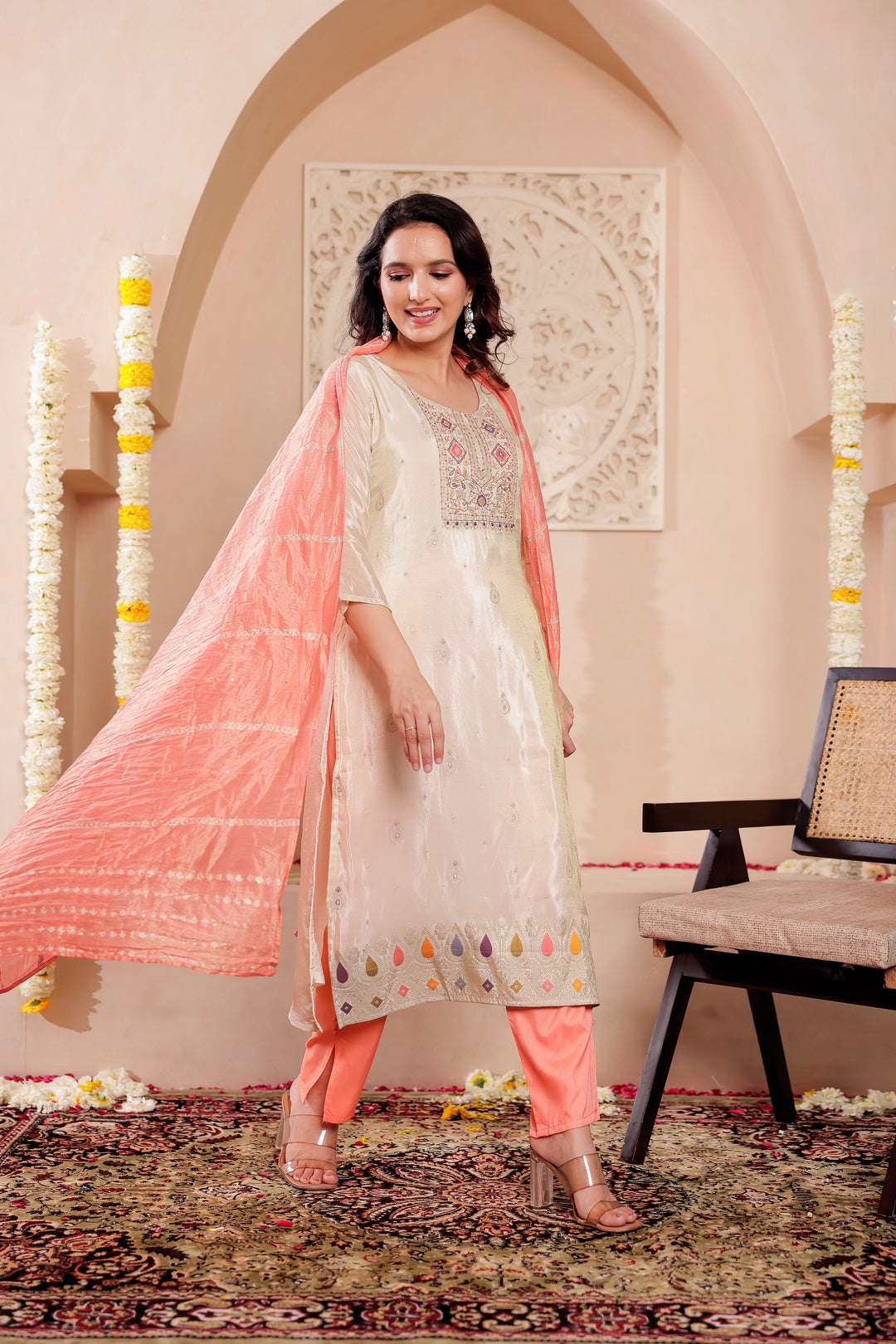 Ivory Art Silk Straight Cut Kurta Set