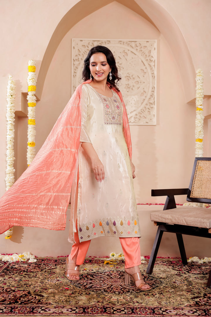 Ivory Art Silk Straight Cut Kurta Set
