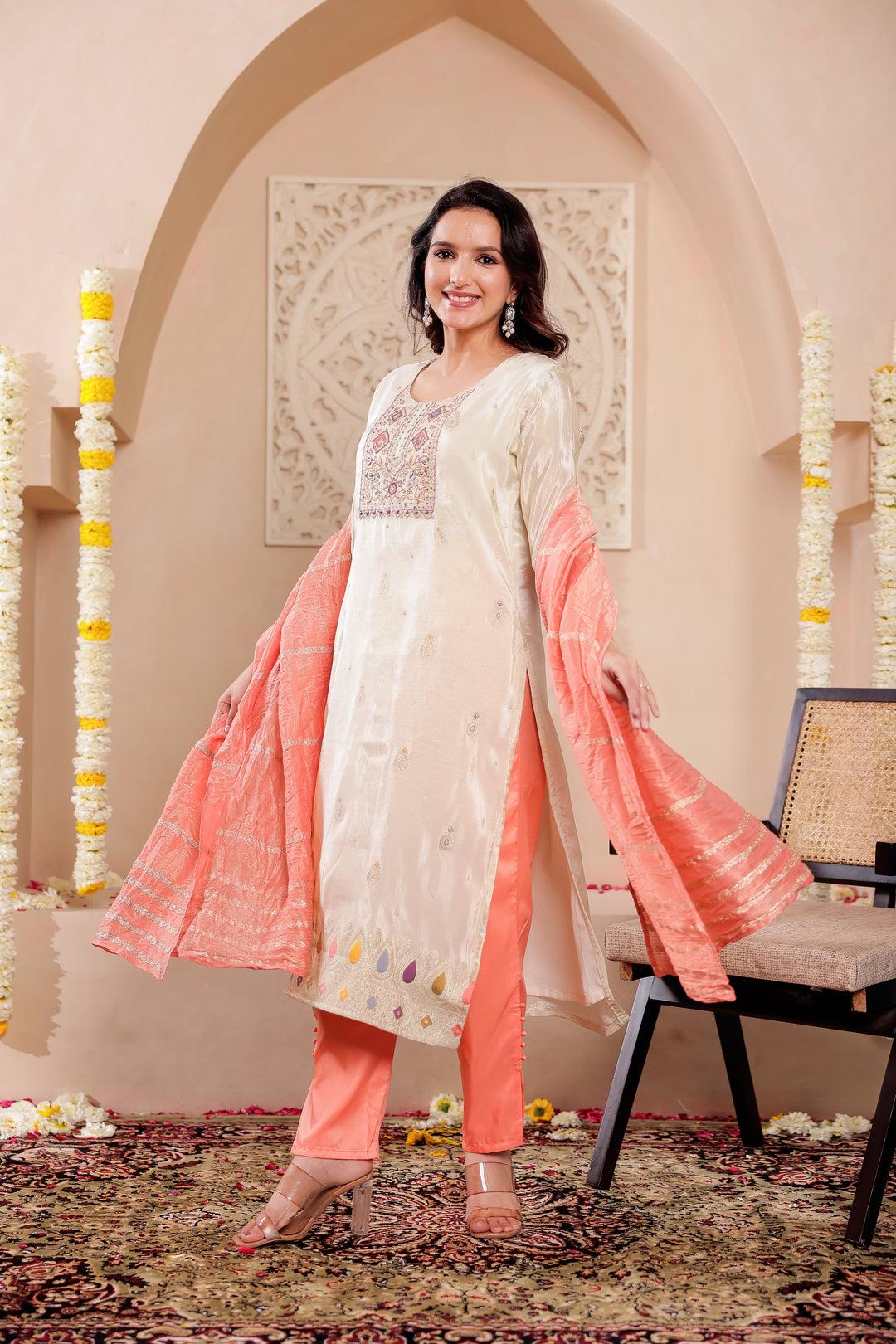 Ivory Art Silk Straight Cut Kurta Set
