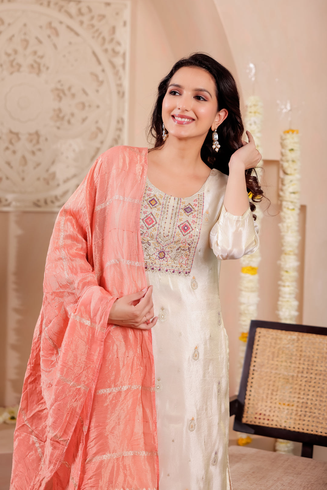 Ivory Art Silk Straight Cut Kurta Set