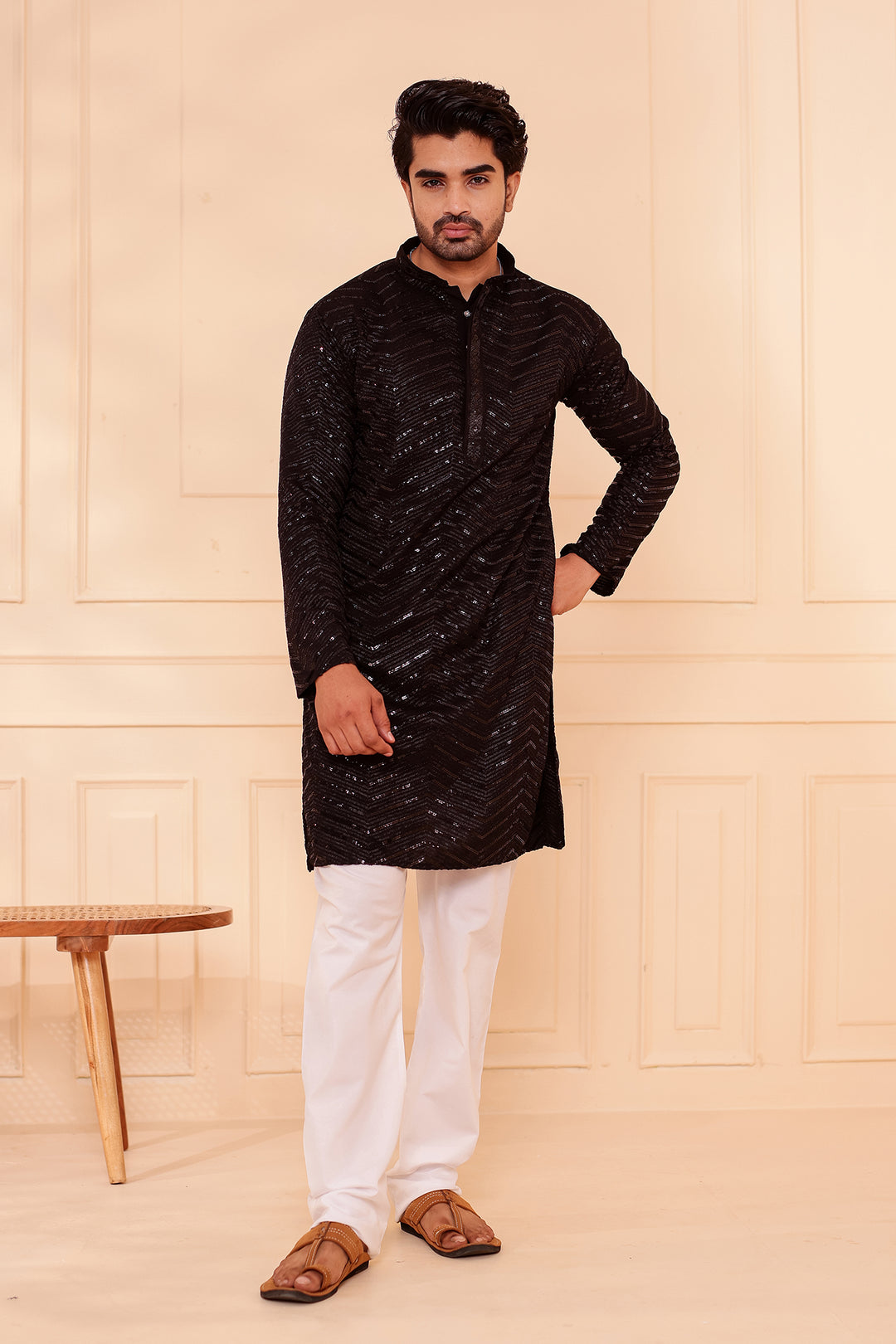 Black Soft Georgette Kurta Suit with Self Thread and Sequin work all over.