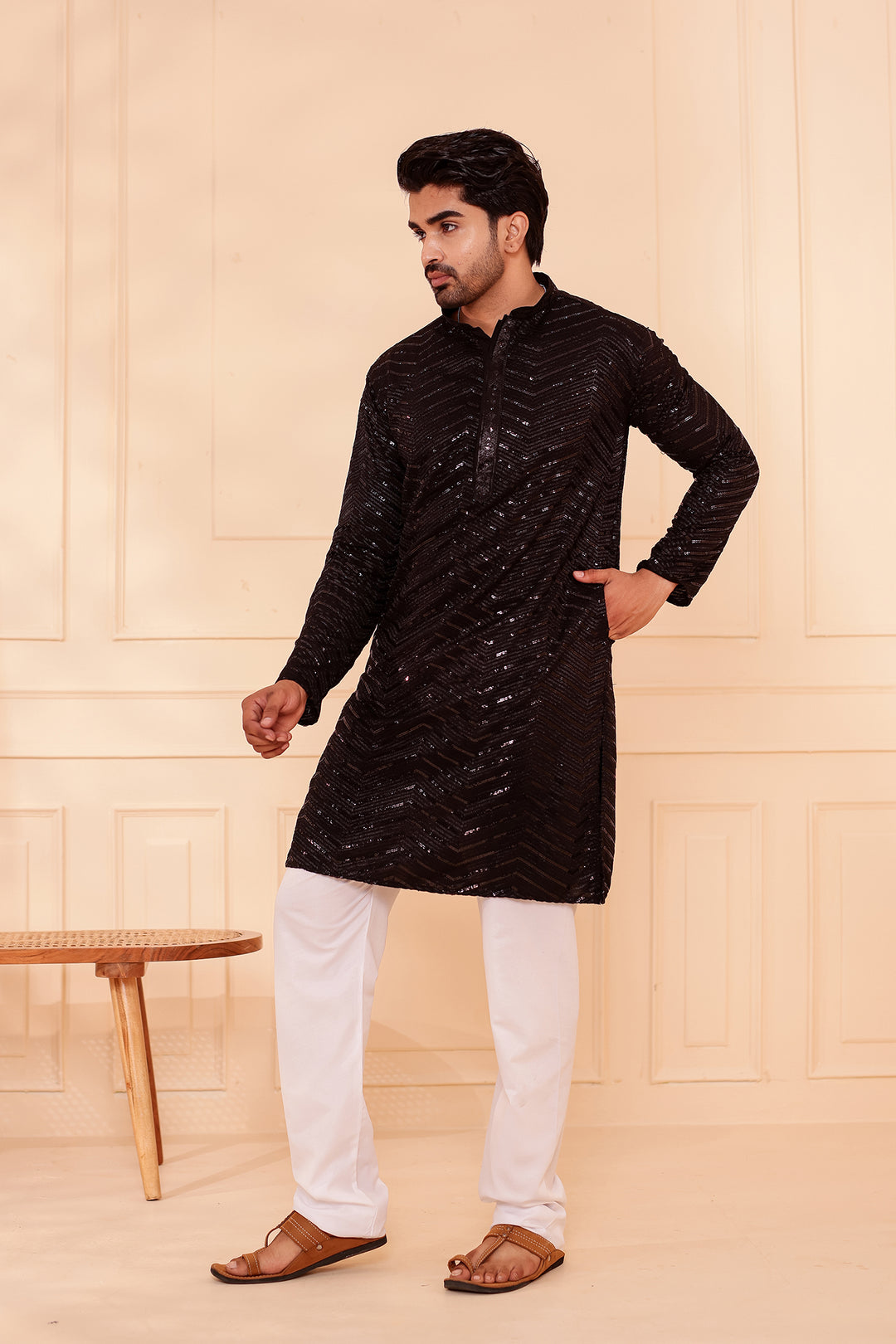 Black Soft Georgette Kurta Suit with Self Thread and Sequin work all over.